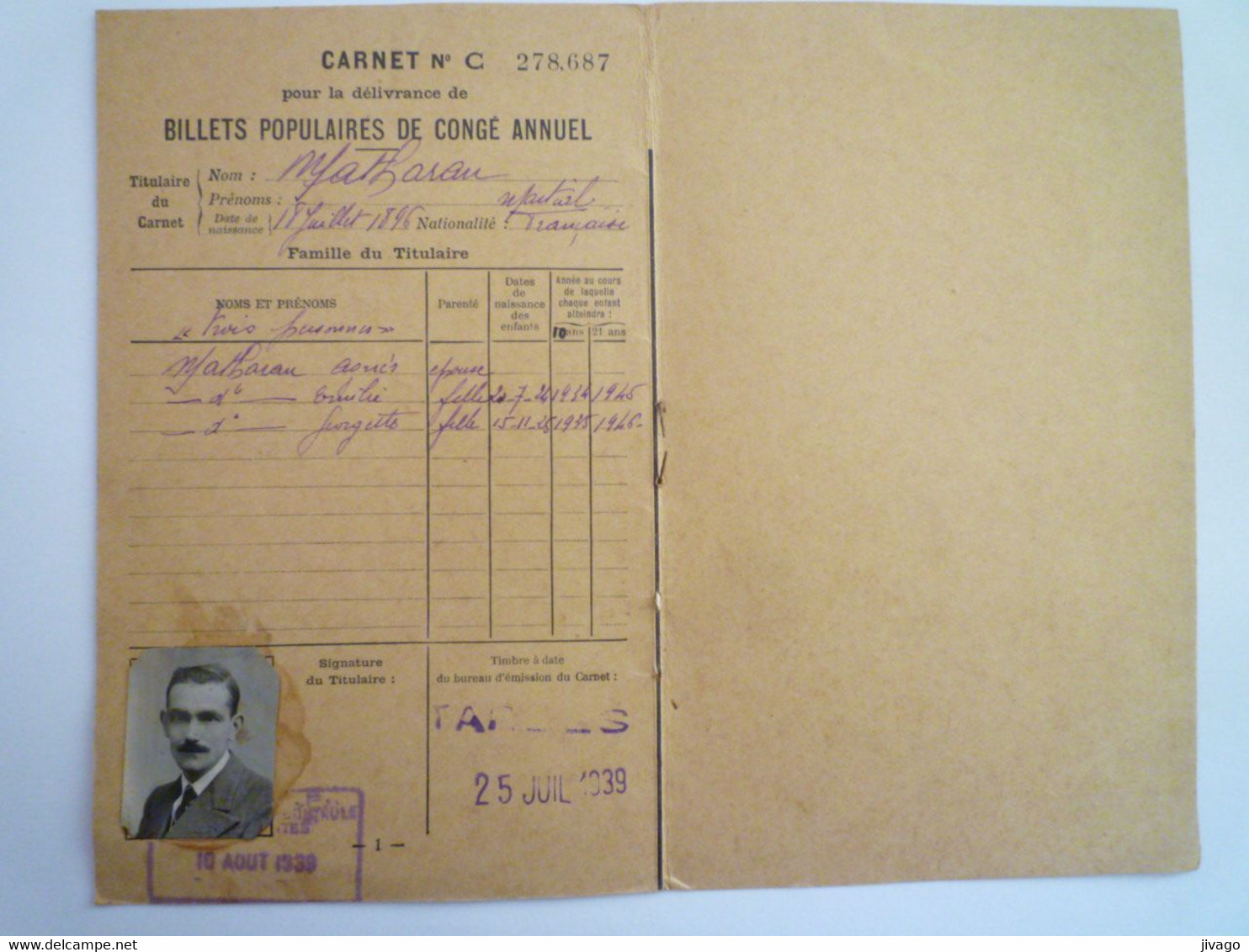 2022 - 4156  CARNET  Pour La Délivrance De BILLETS POPULAIRES DE CONGE ANNUEL  1939   XXX - Non Classés