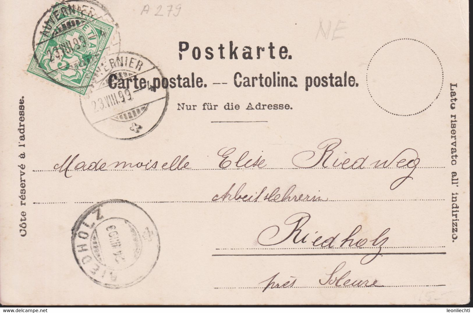 AK: Postkarte. 1899  Auvernier, Ecole De Viticulture. Gelaufen - Auvernier