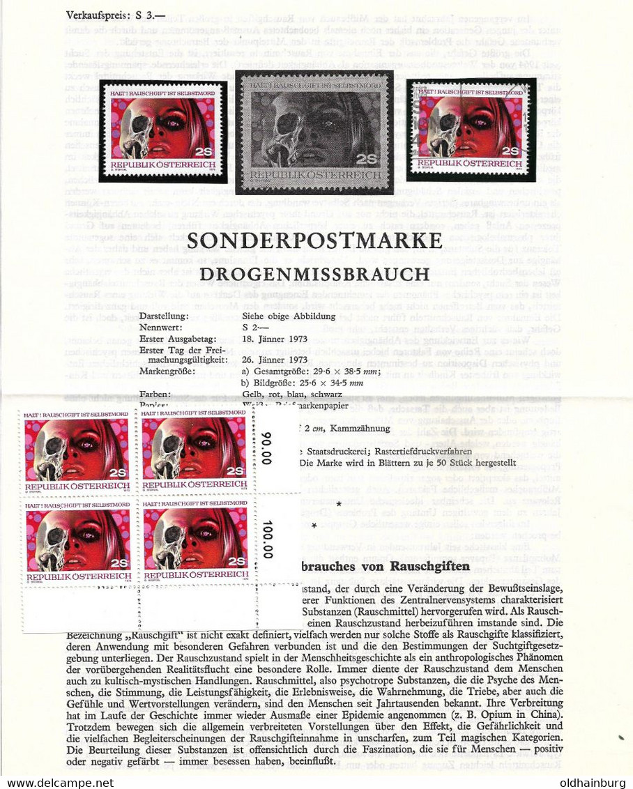 4120b: Österreich 1973, Drogenmissbrauch, Postlegende, **/o Und Bogenteil - Droga