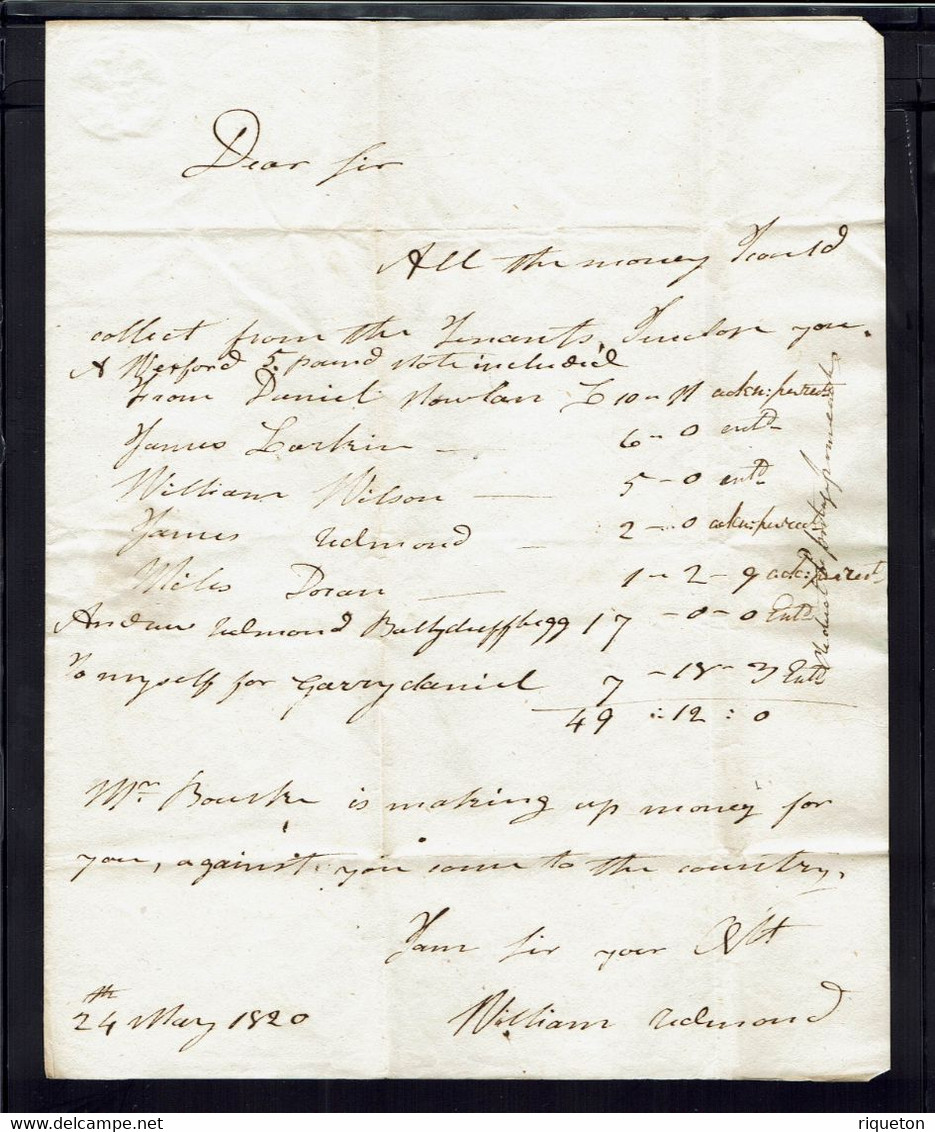 Irlande. Marque Linéaire "Gorey 48" Lettre Du 24 Mai 1820 A Destination De Dublin. Taxe Manuscrite. - Préphilatélie