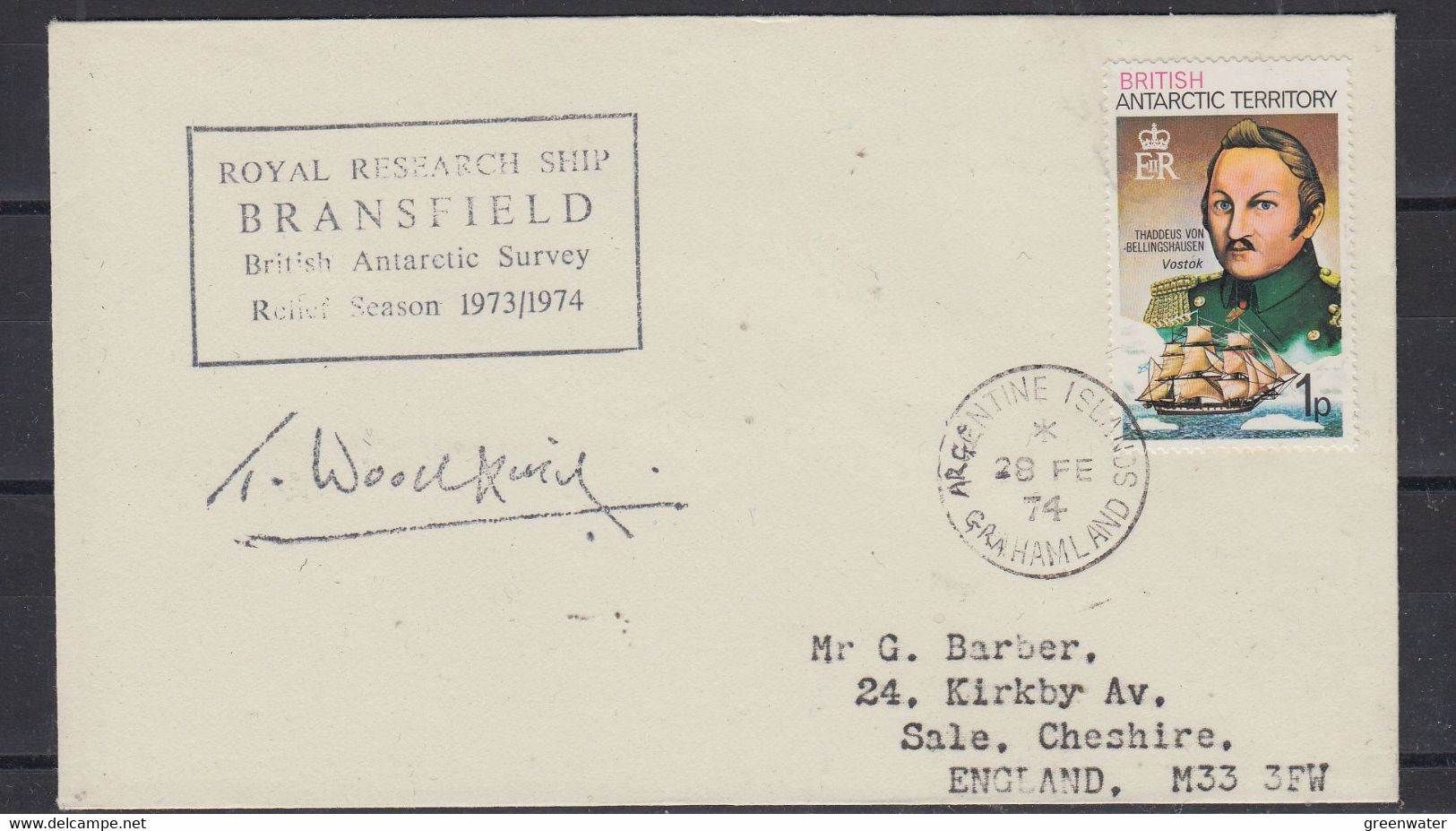 British Antarctic Territory (BAT) Cover Ca RRS Bransfield .Ca Argentine Island  Grahamland  28 FE 1974 (58246) - Briefe U. Dokumente