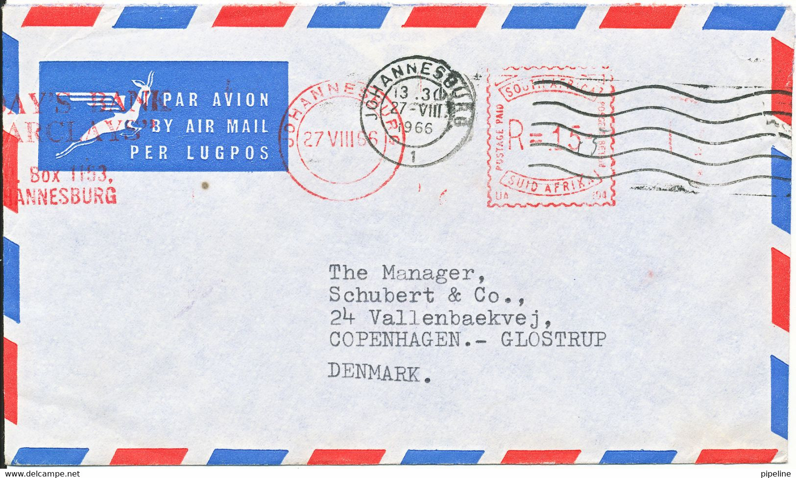 South Africa Air Mail Cover With Meter Cancel Sent To Denmark Johannesburg 27-8-1966 - Poste Aérienne