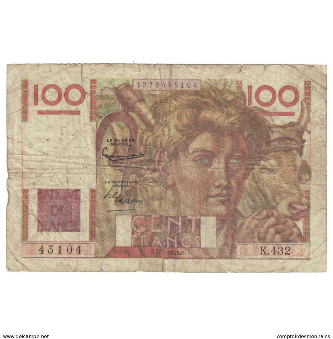 France, 100 Francs, Jeune Paysan, 1952, K.432, AB, Fayette:28.31, KM:128d - 100 F 1945-1954 ''Jeune Paysan''