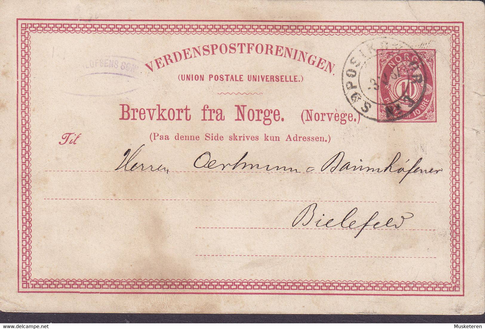 Norway UPU Postal Stationery Ganzsache Entier 10 Ø Posthorn SØPOSTKONTOR No. 3 (See Post Office) 1887 BIELEFELD Germany - Enteros Postales