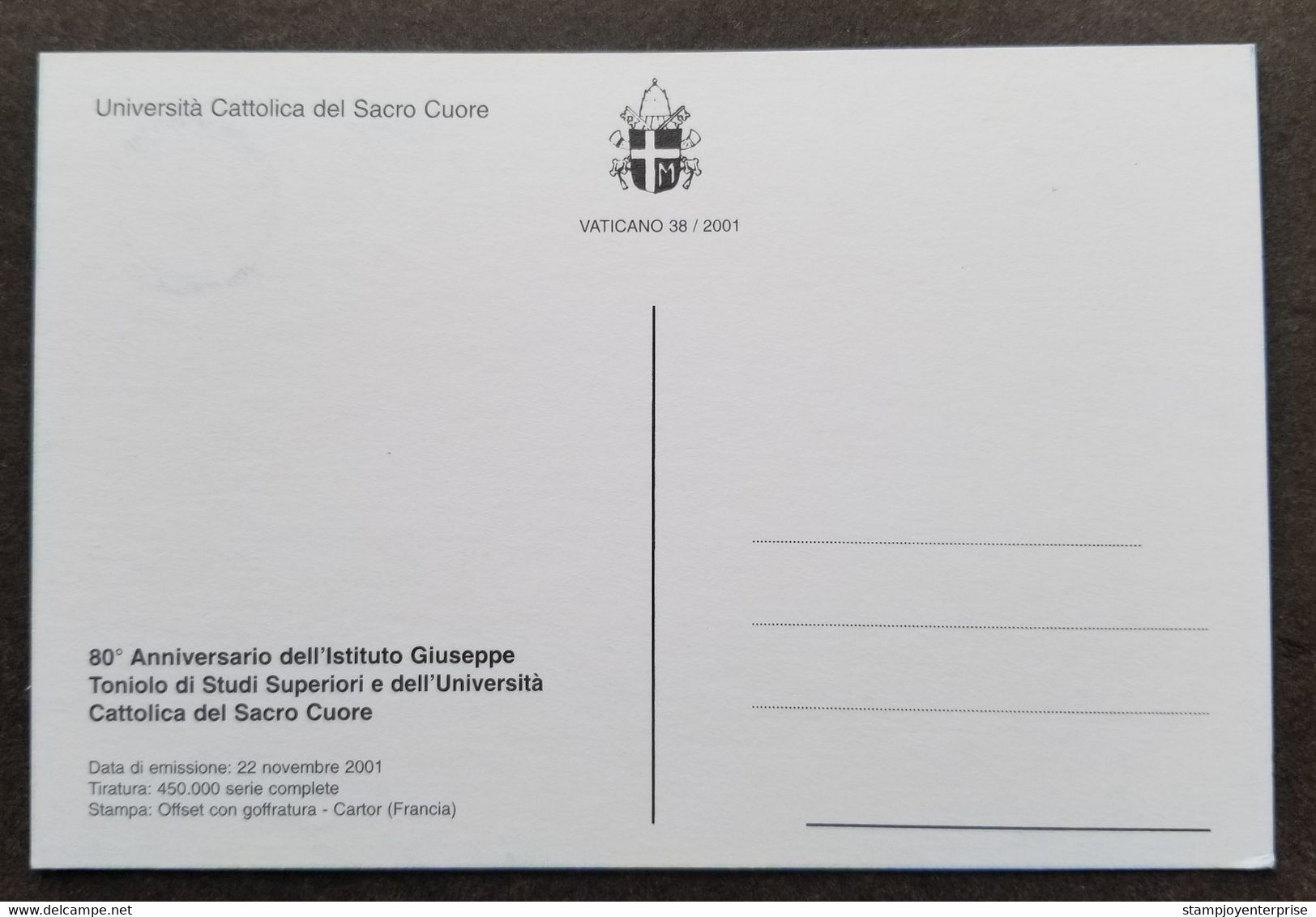 Vatican Giuseppe Toniolo Institute 2001 University Academic (maxicard) - Briefe U. Dokumente