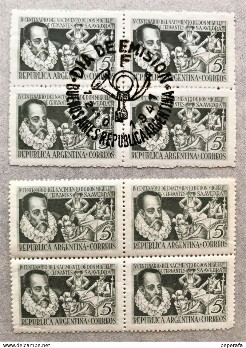 Argentina 1947, Cervantes, 2 Bocks Of 4 MNH Stamps, One WITH POSTMARK 1 DAY - Cordoba (1858-1860)