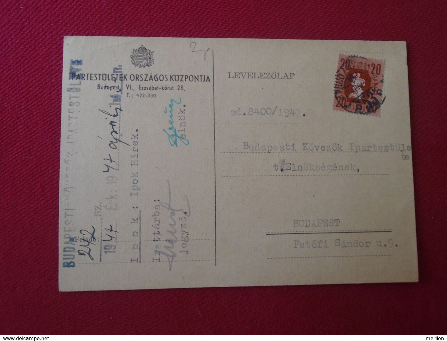 DEL007.9   Hungary  Postcard Levelezőlap  Budapest -  Ipartestületek Országos Központja   1947 - Otros & Sin Clasificación