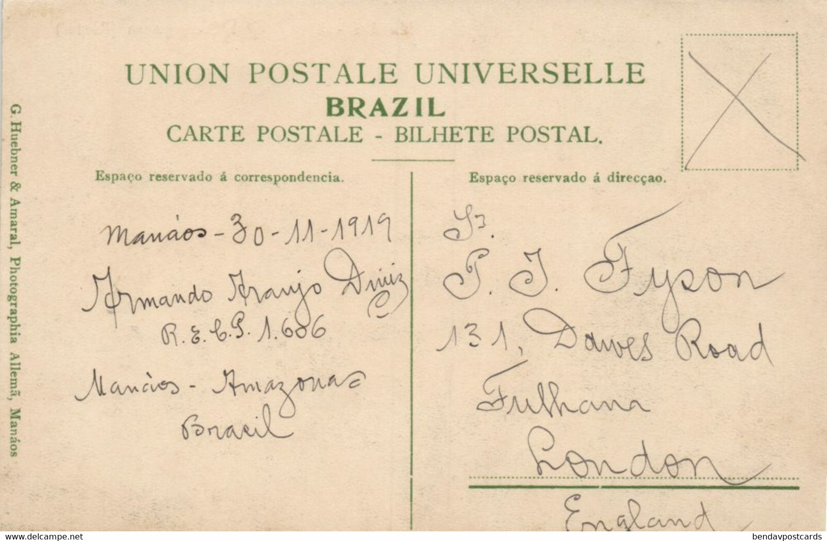 Brazil, MANAOS MANAUS, Beneficente Portugueza, Portal (1919) Postcard - Manaus