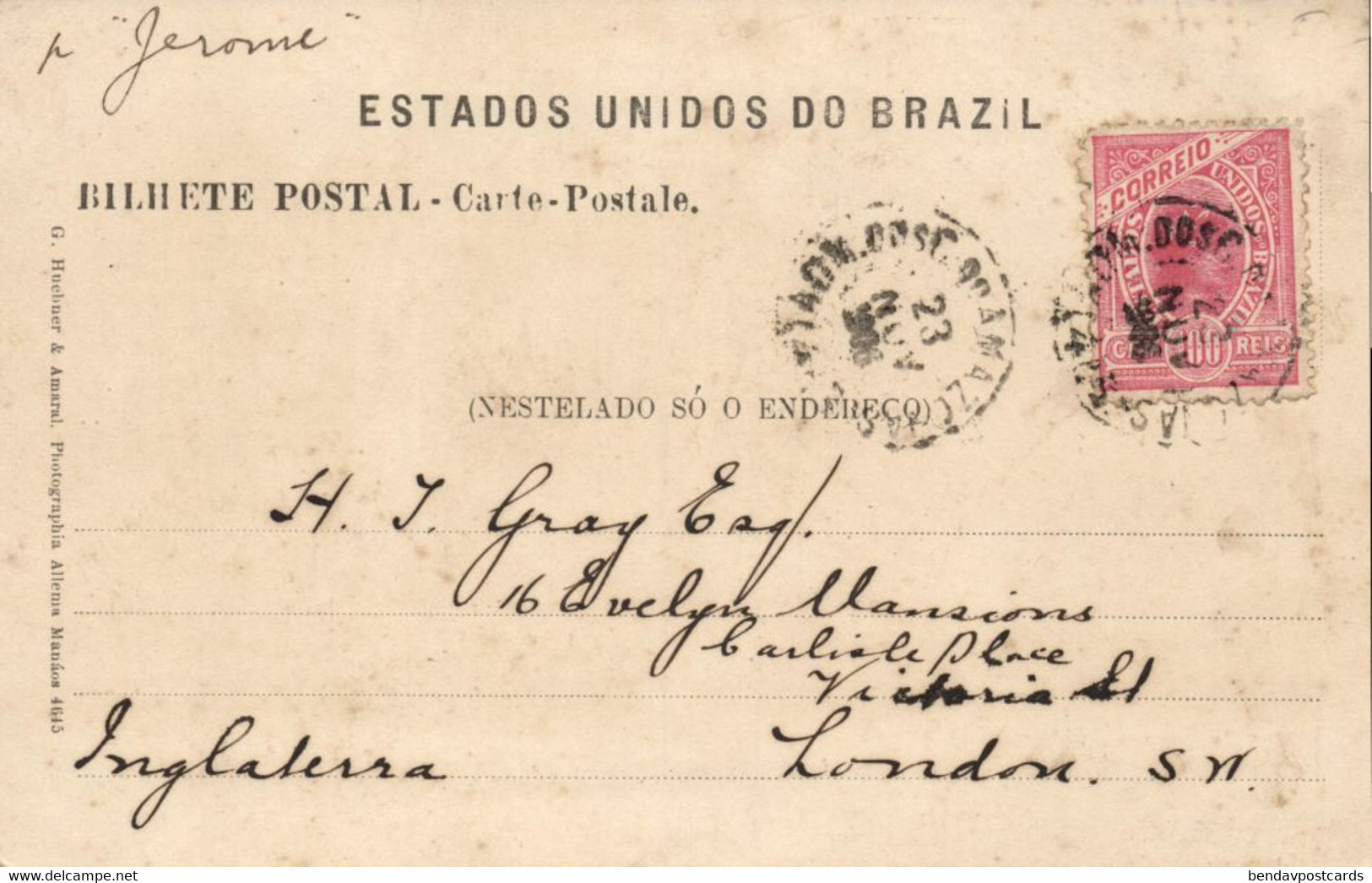 Brazil, MANAOS MANAUS, Igarapé Da Cachoeirinha (1906) Postcard - Manaus