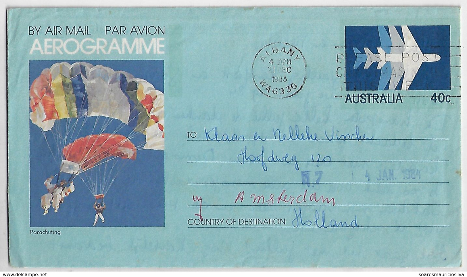 Australia 1983 Postal Stationery Aerogramme Sent From Albany To Amsterdam Netherlands Sport Parachuting Skydiving - Fallschirmspringen