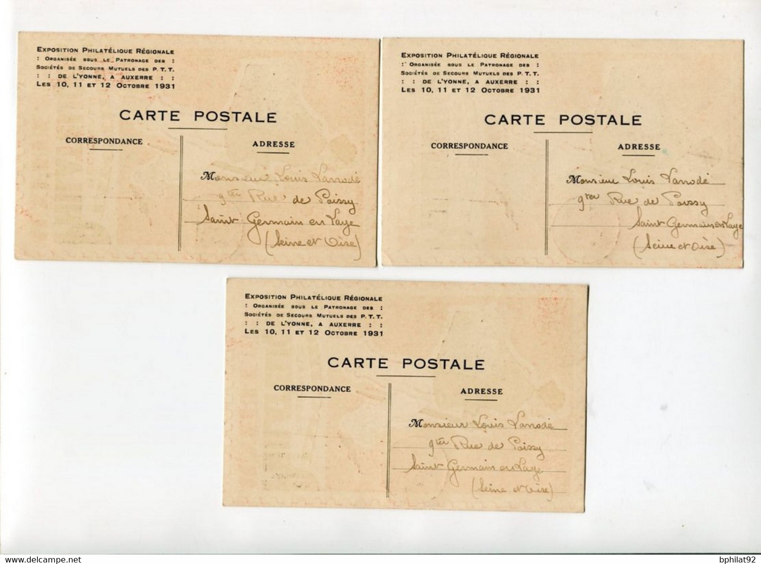 !!! CAISSES D'AMORTISSEMENT N°275/277 SUR 3 CARTES DE L'EXPOSITION PHILATELIQUE D'AUXERRE DE 1931 - 1927-31 Caisse D'Amortissement