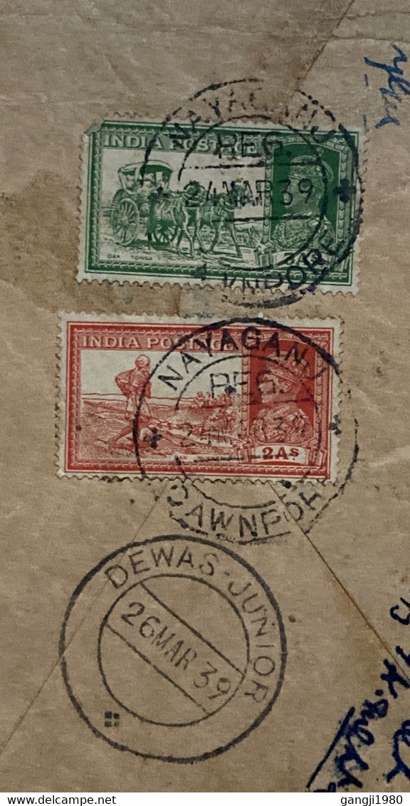 INDIA, DEWAS-JUNIOR STATE  1939, USED REGISTER COVER, PRIVATE FIRM, STAMP, POSTAL RUNNER, TONGA POST, NAYAGANJ LUCKNOW - Jhalawar