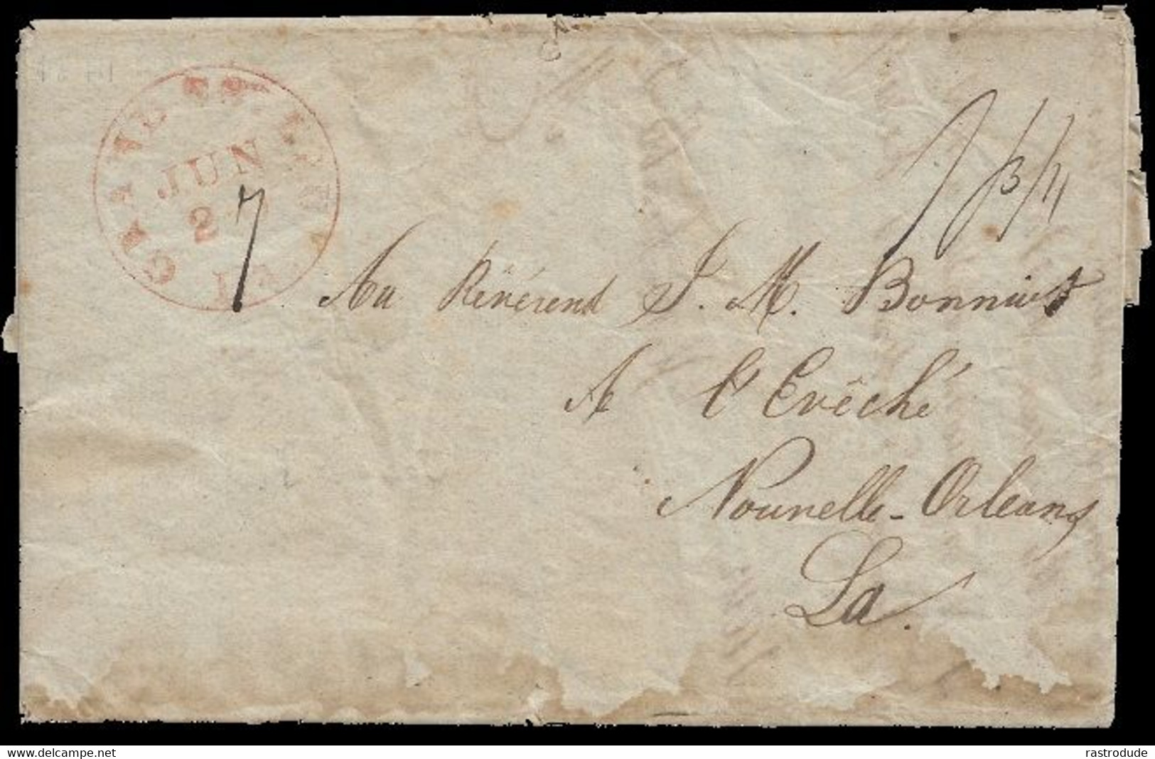 1847, 27 JUNE STAMPLESS ENTIRE GRAND COTEAU, LOUISIANA - JESUITS COLLEGE ST. CHARLES - BELGIAN JESUIT - 1845-47 Provisorische Ausgaben
