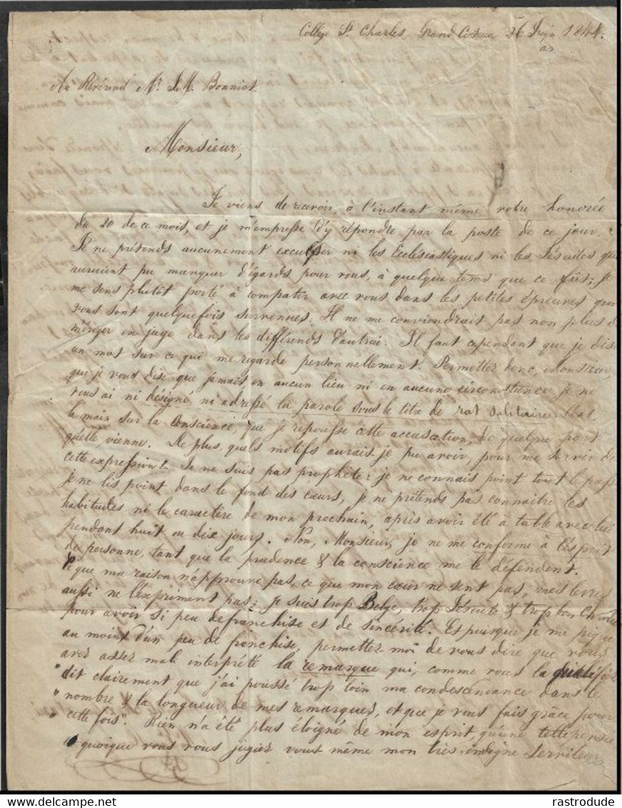 1847, 27 JUNE STAMPLESS ENTIRE GRAND COTEAU, LOUISIANA - JESUITS COLLEGE ST. CHARLES - BELGIAN JESUIT - 1845-47 Voorlopige Uitgaves