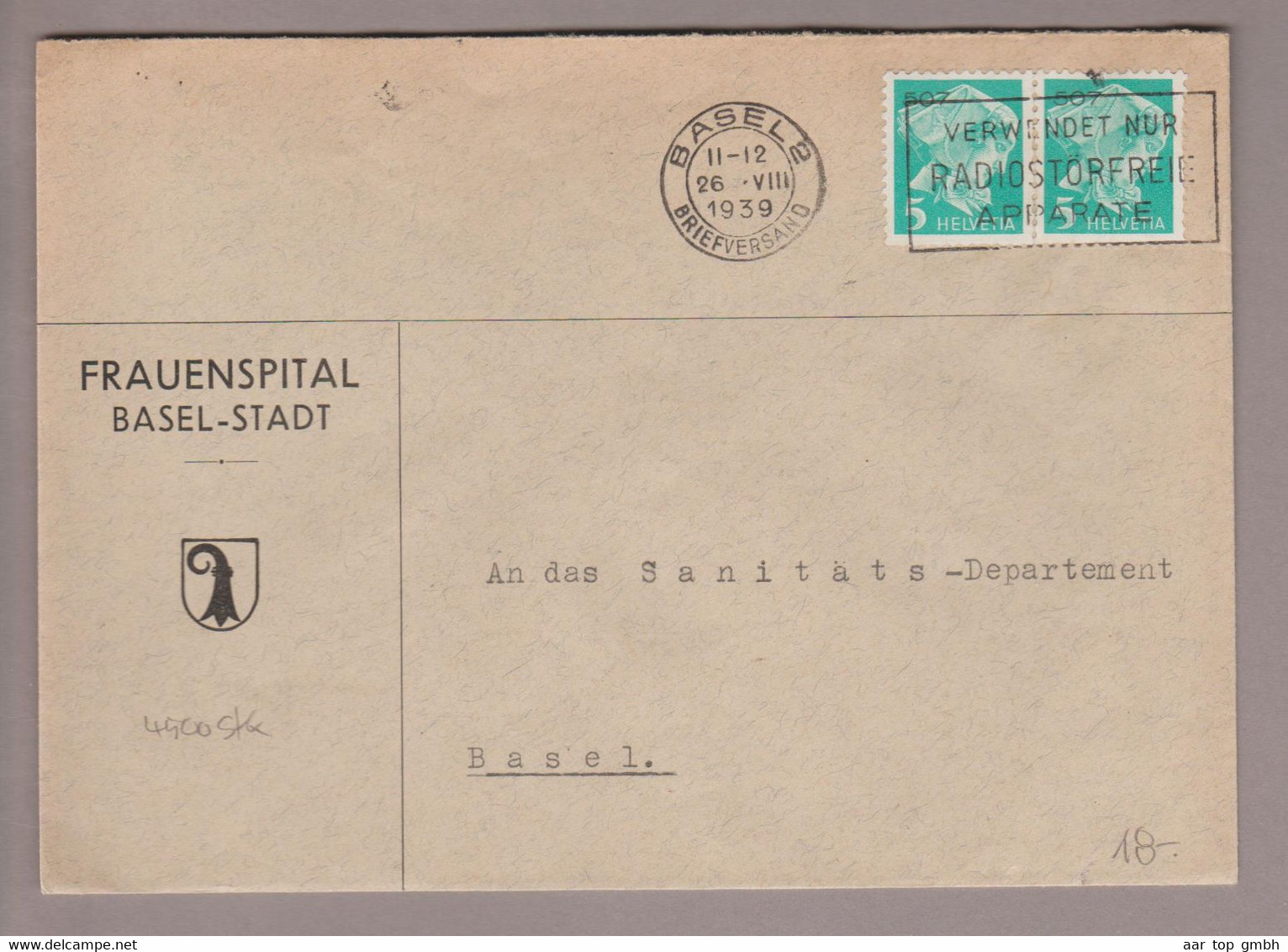 CH Portofreiheit Zu#14z Paar 5Rp. GR#507 Brief 1939-08-26 Basel Frauenspital - Franchigia