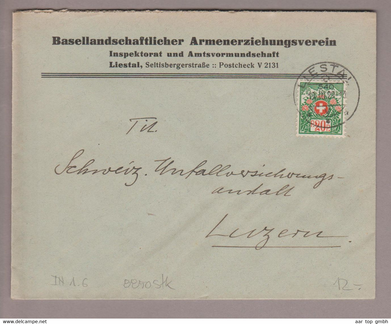 CH Portofreiheit Zu#12A 20Rp. GR#540 Brief 1929-03-19 Liestal Basellandschaftlicher Armenerziehungsverein - Portofreiheit