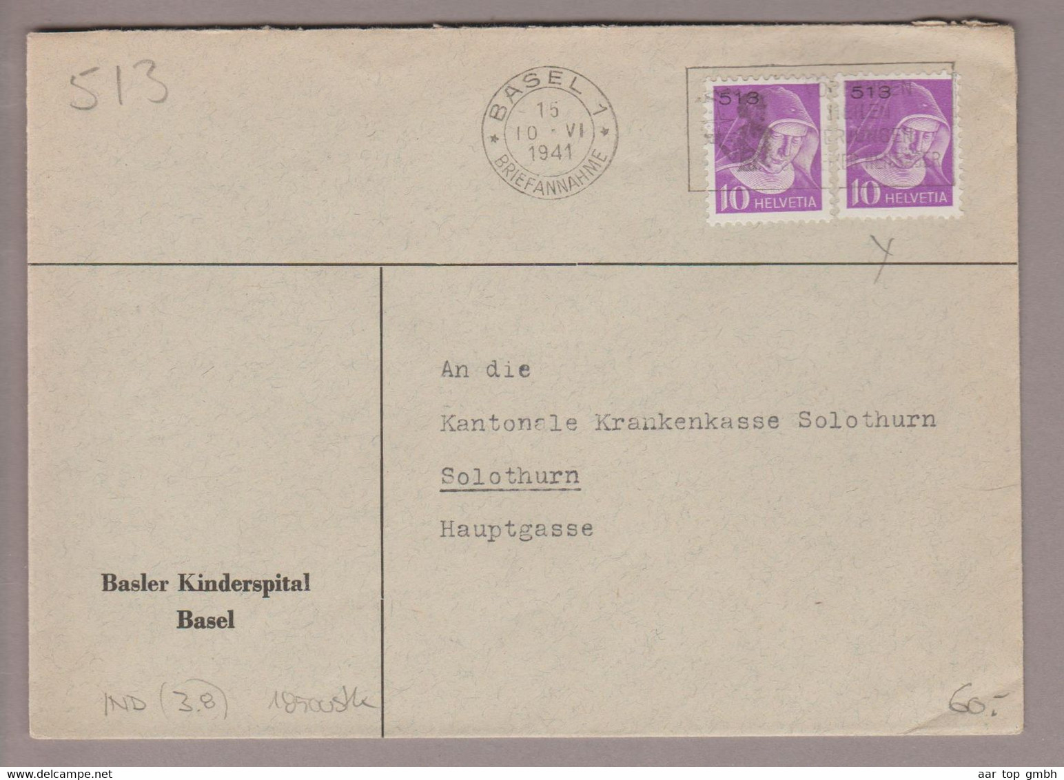 CH Portofreiheit Zu#15z 10Rp. 2x GR#513 Brief 1941-06-10 Basler Kinderspital Basel - Portofreiheit