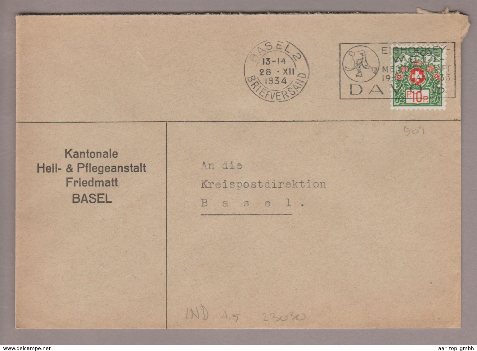 CH Portofreiheit Zu#9 10Rp. GR#509 Brief 1934-12-28 Basel Heil&Pflegeanstalt Friedmatt - Franchigia