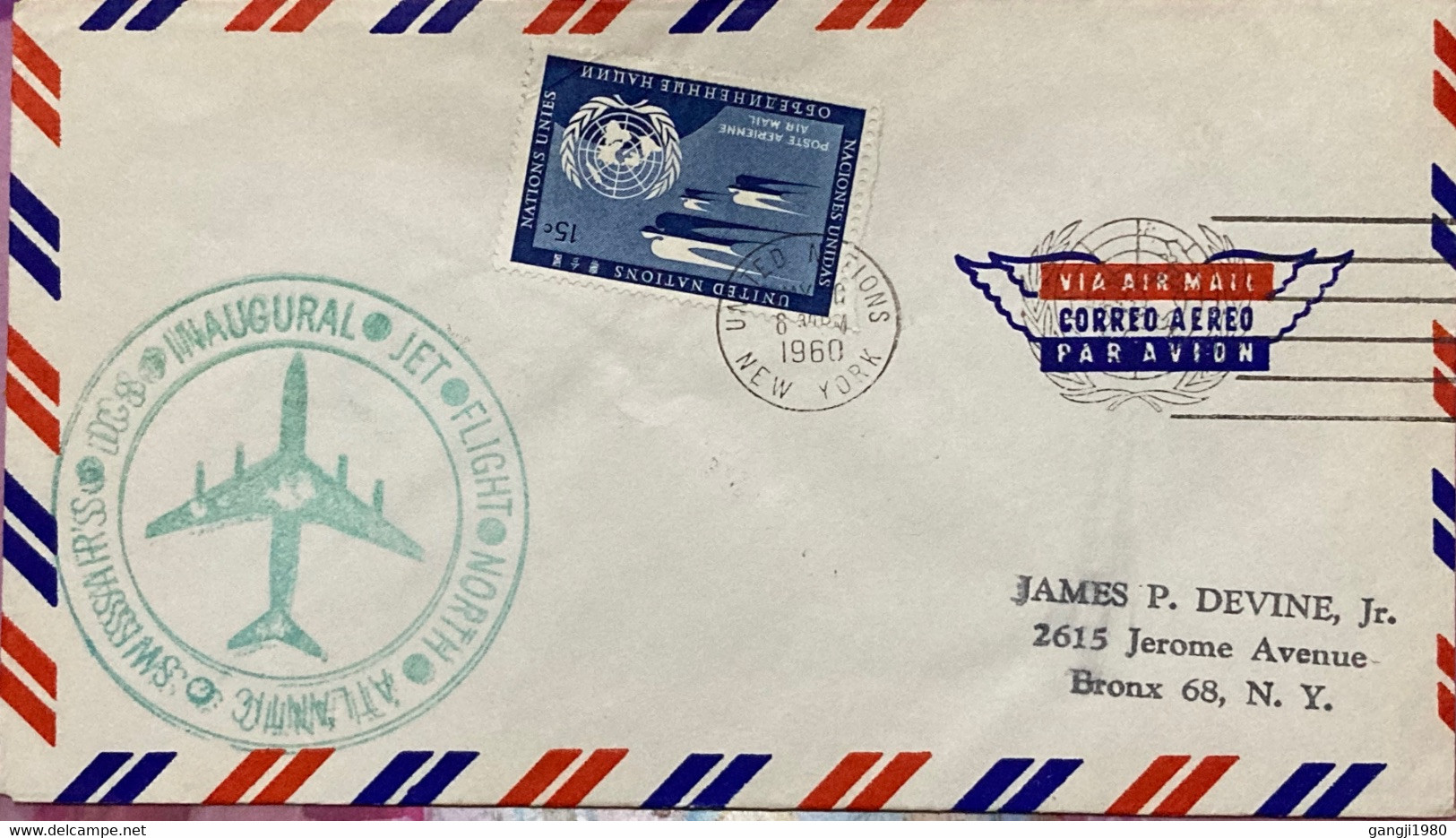 UNITED NATION 1960, FIRST FLIGHT COVER, NORTH ATLANTIC SWISSAIR CACHET , ZURICH LUFTPOST CANCEL. - Storia Postale