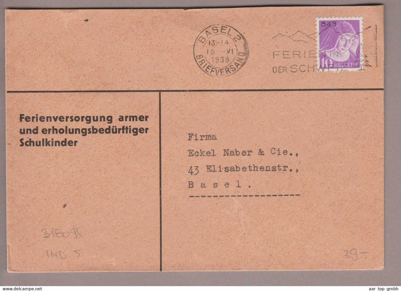 CH Portofreiheit Zu#15z 10Rp. GR#549 Brief 1938-06-15 Basel Ferienversorgung Armer U.erholungsbedürftiger Schulkinder - Franchigia