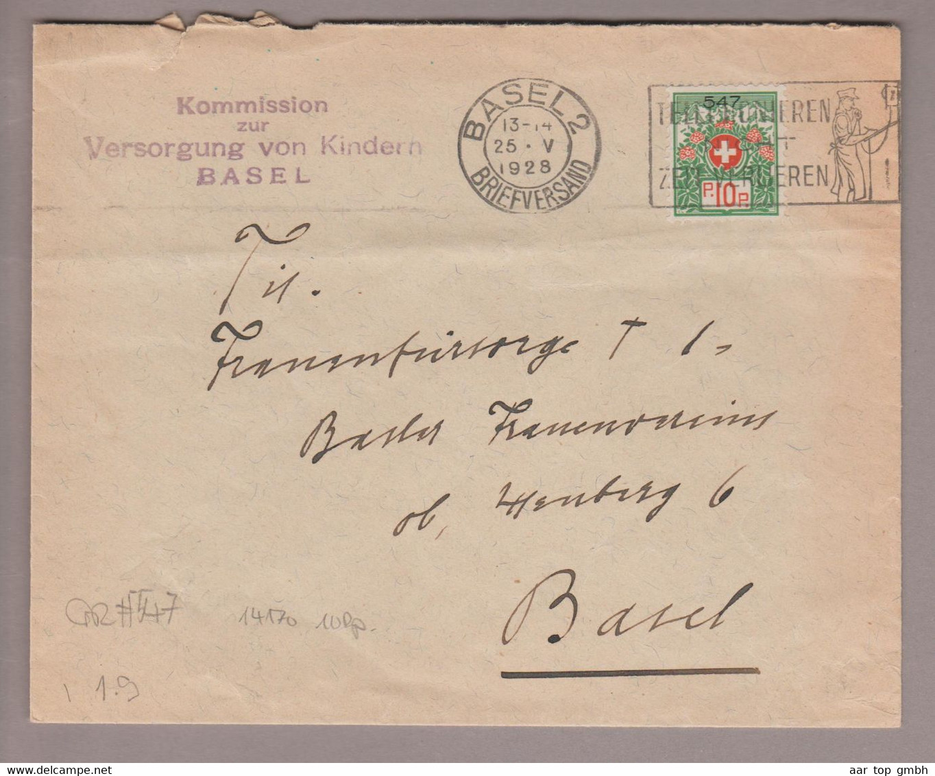 CH Portofreiheit Zu#9 10Rp. GR#547 Brief 1928-05-25 Basel "Versorgung Von Kindern Basel" - Franchigia
