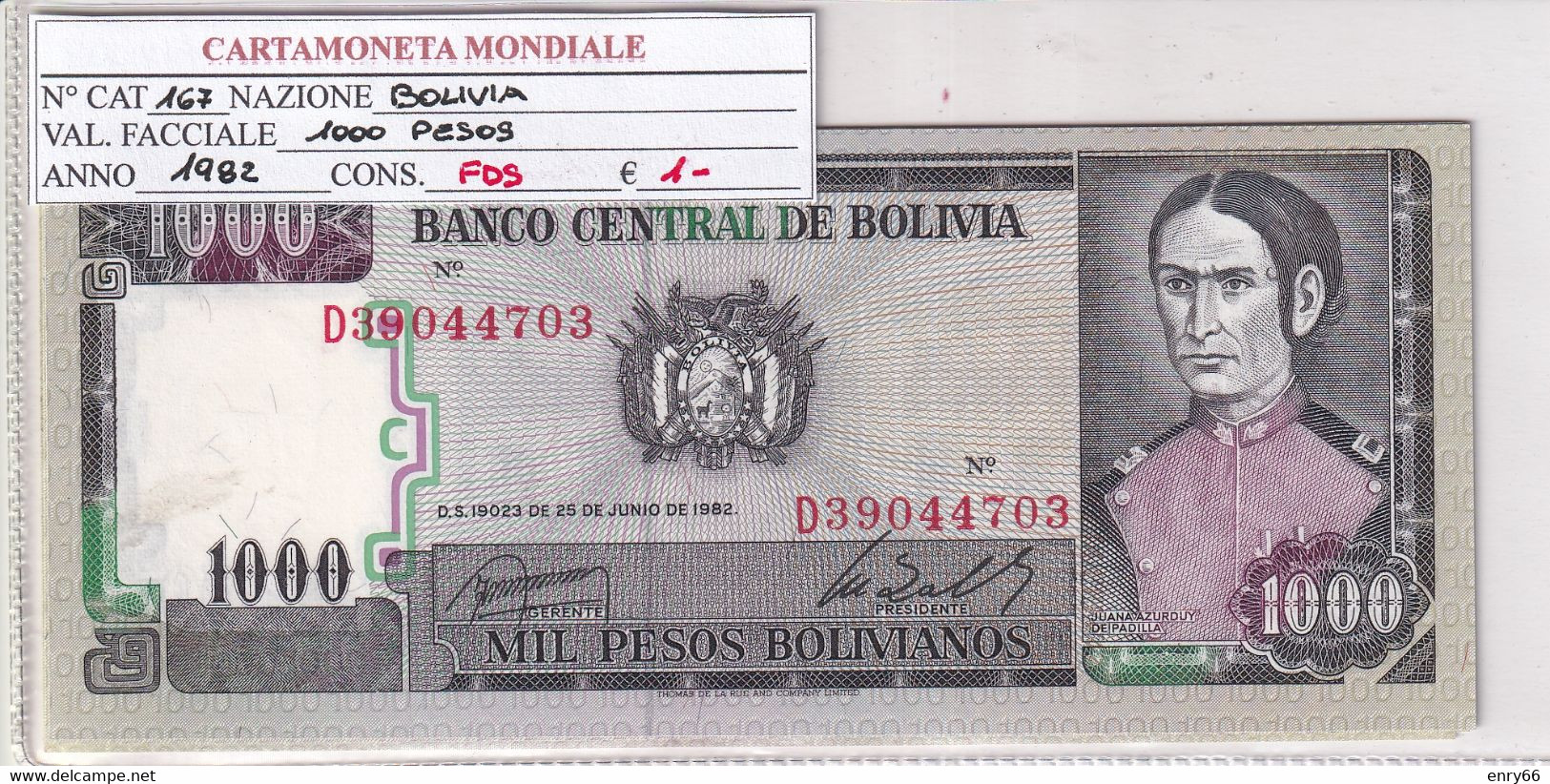BOLIVIA 1000 PESOS 1982 P167 - Bolivie