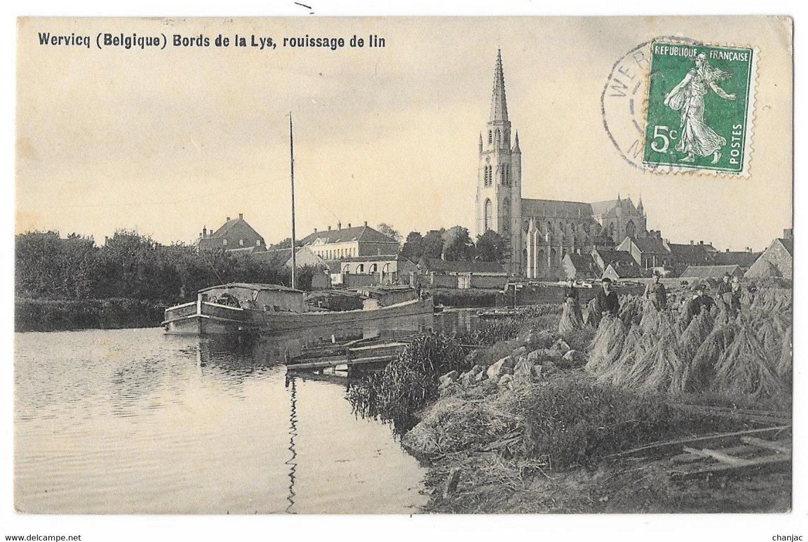 Cpa: BELGIQUE - WERVICQ - Bords De La Lys - Rouissage Du Lin (Métier, Péniche) 1908  Ed. Deswaene - Wervik