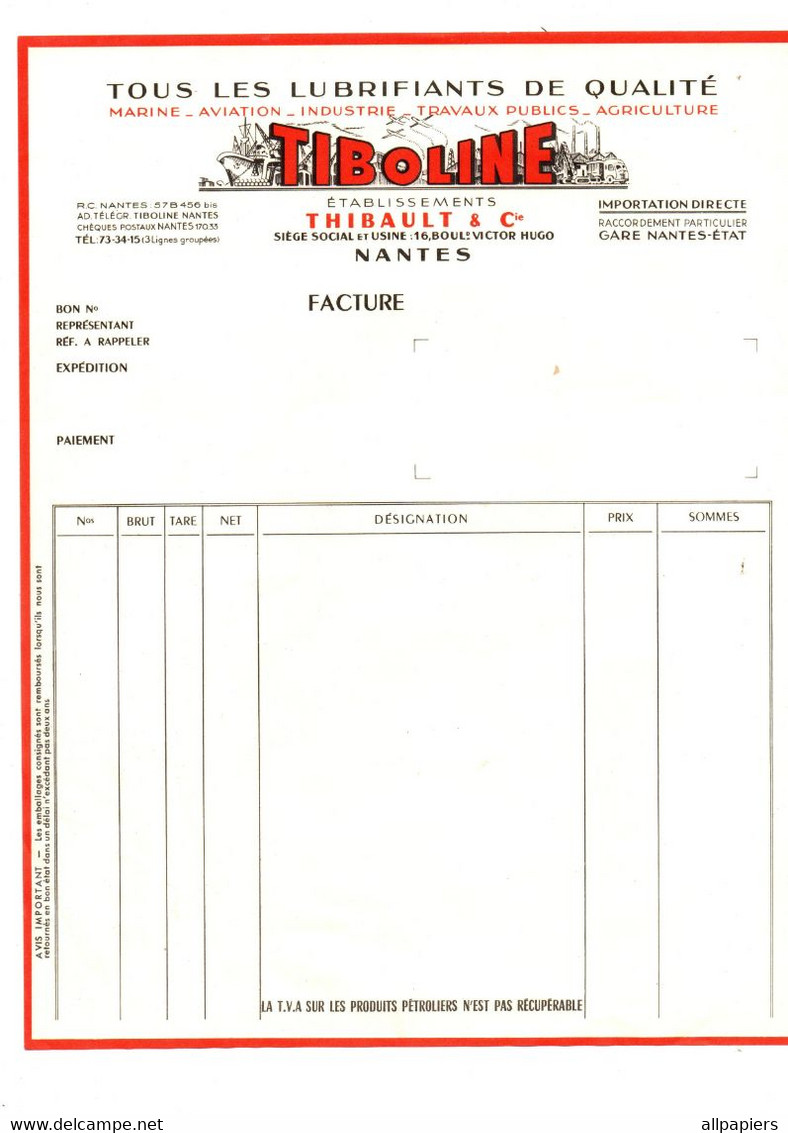 Facture Vierge Tous Les Lubrifiants De Qualité Tiboline Etablissements Thibault & Cie à Nantes - Format : 27x21 Cm - Droguerie & Parfumerie