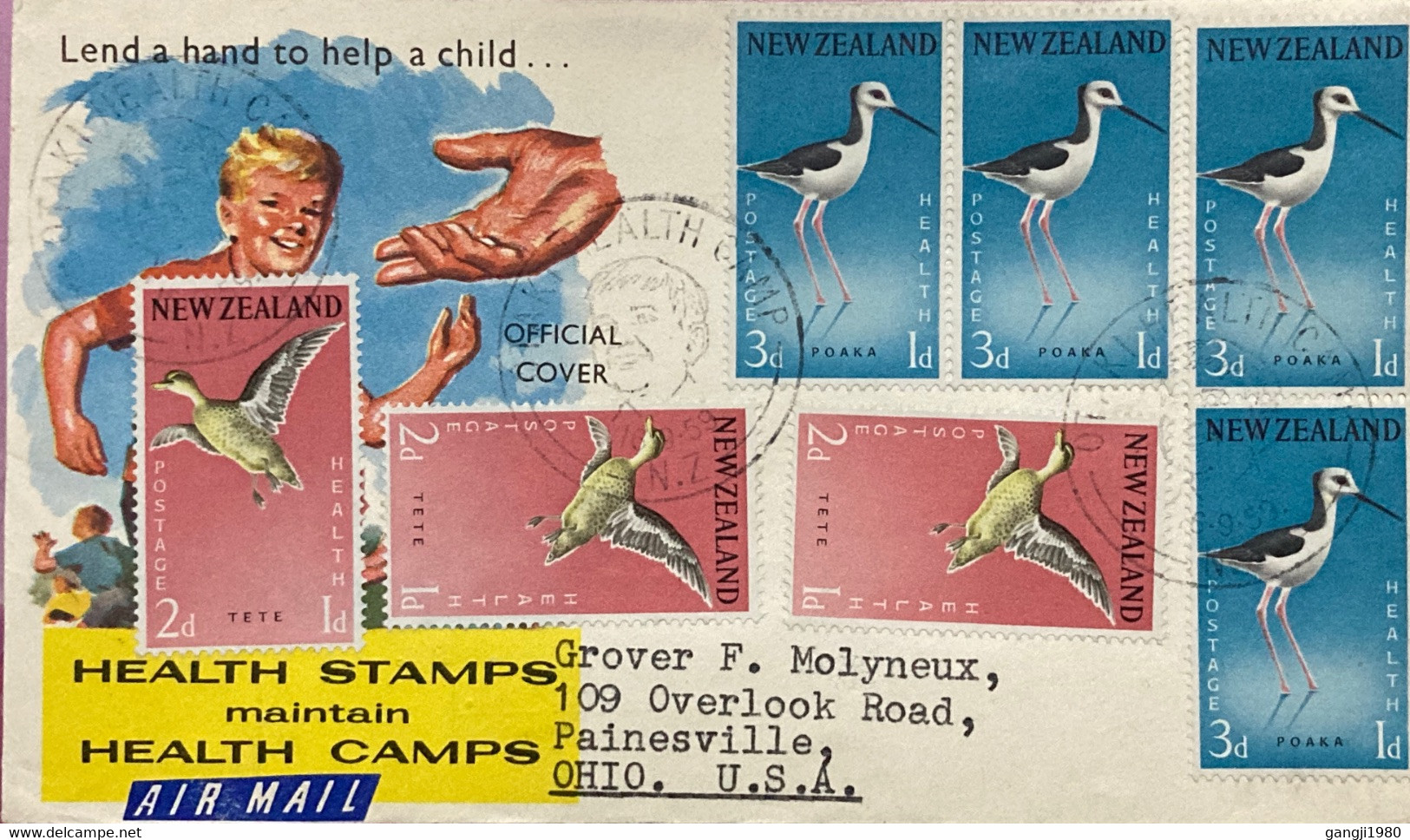 NEW ZEALAND 1959, KGVI MEMORIAL COVER, USED TO USA, CHILDREN HEALTH SPECIAL CANCEL, BIRD GREY TILL & STILT 7 STAMP USED - Brieven En Documenten