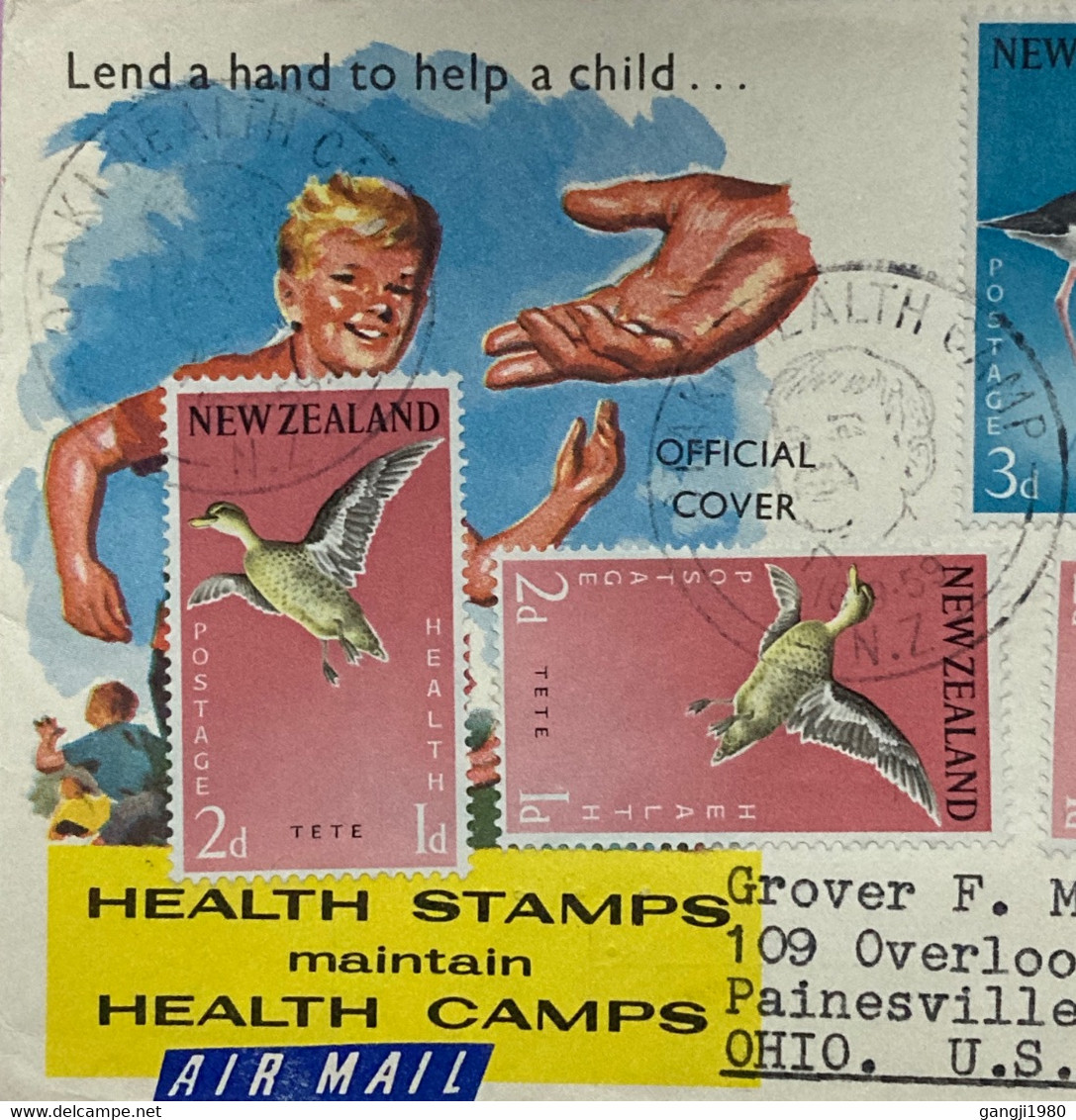 NEW ZEALAND 1959, KGVI MEMORIAL COVER, USED TO USA, CHILDREN HEALTH SPECIAL CANCEL, BIRD GREY TILL & STILT 7 STAMP USED - Brieven En Documenten