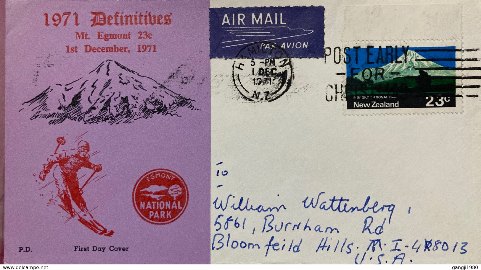 NEW ZEALAND 1971, ICE-SKI GAME,PLAY, ILLUSTRATED USED COVER, EGMONT MOUNTAIN STAMP, HAMILTON TOWN CANCEL. - Brieven En Documenten