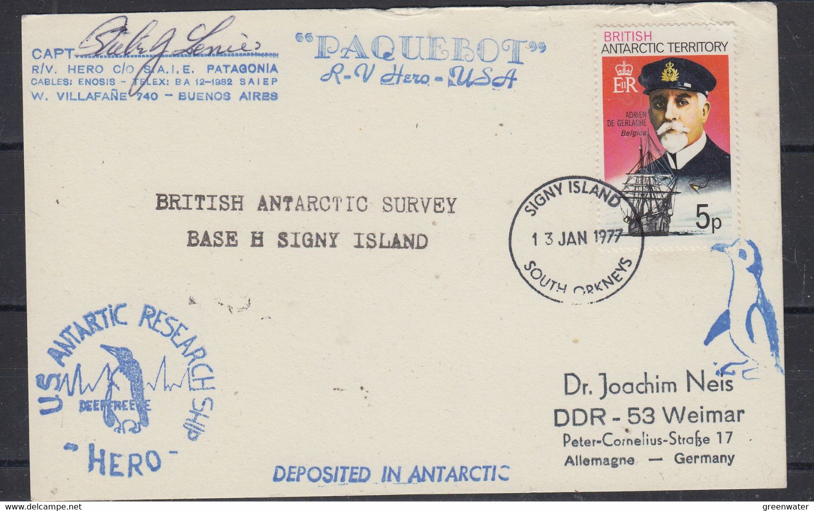 British  Antarctic Territory (BAT) Card Ship Visit R/V Hero Si Captain Ca Signy 13 JAN 1977(58256) - Briefe U. Dokumente