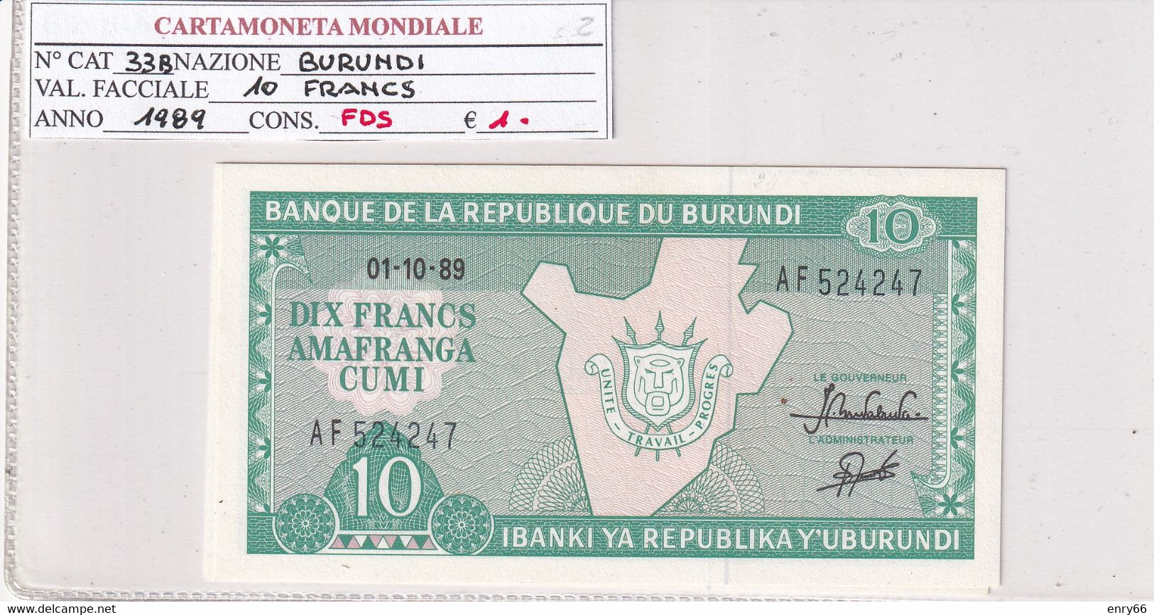 BURUNDI 10 FRANCS 1989 P33B - Burundi