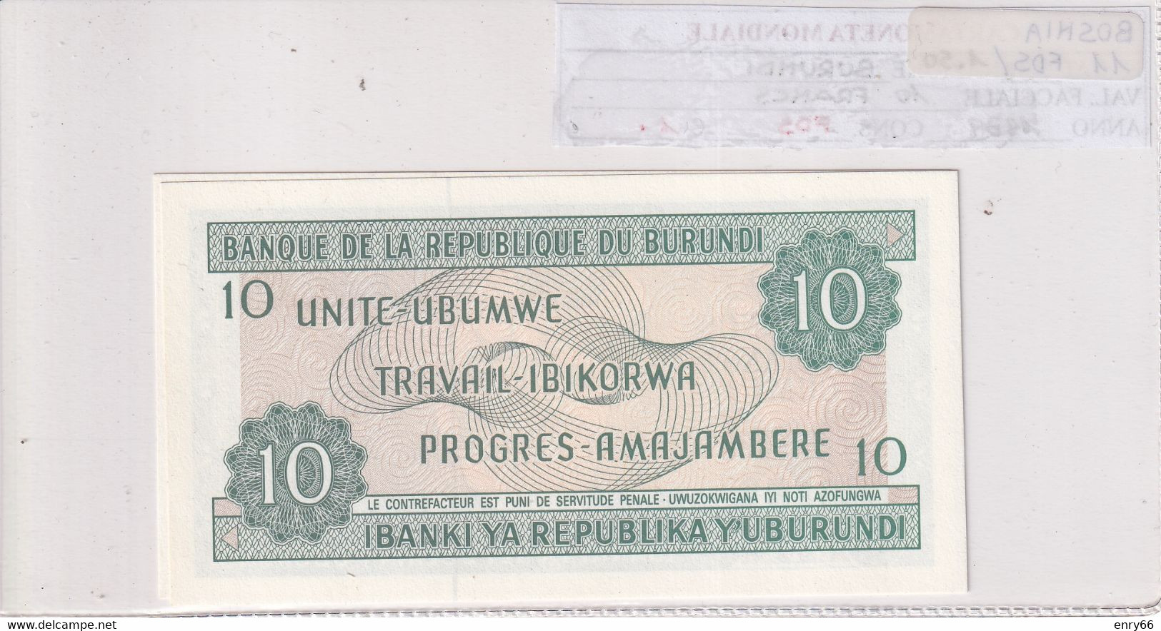 BURUNDI 10 FRANCS 1989 P33B - Burundi