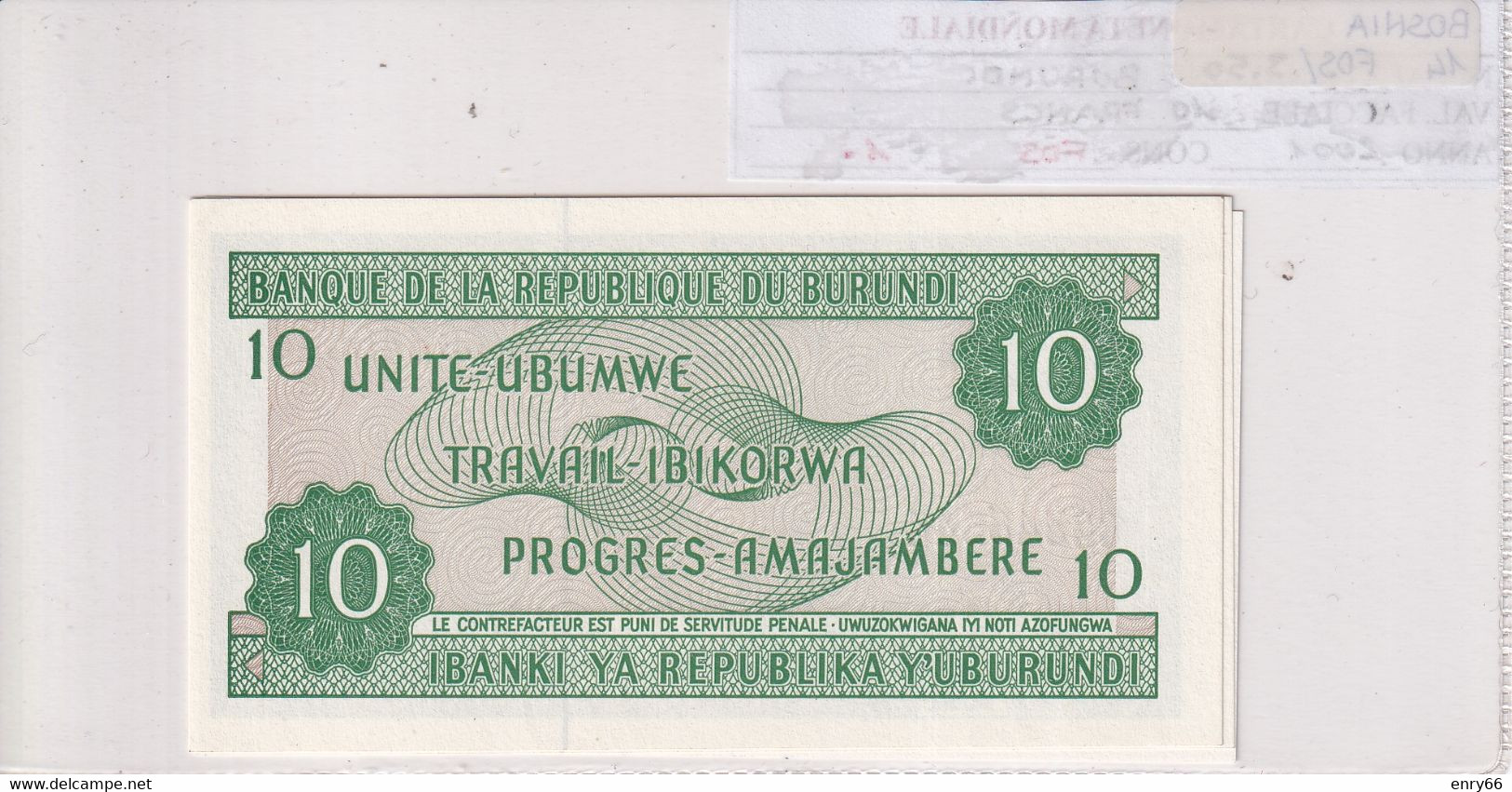 BURUNDI 10 FRANCS 2001 P33D - Burundi