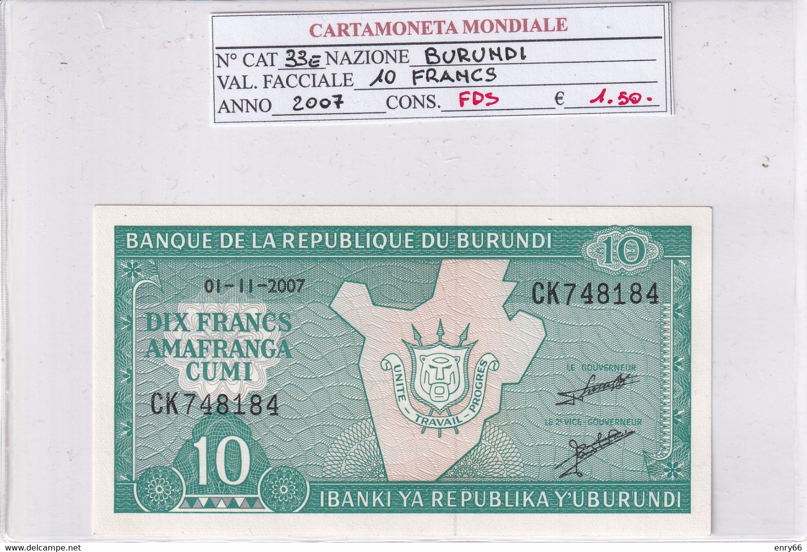 BURUNDI 10 FRANCS 2007 P33E - Burundi