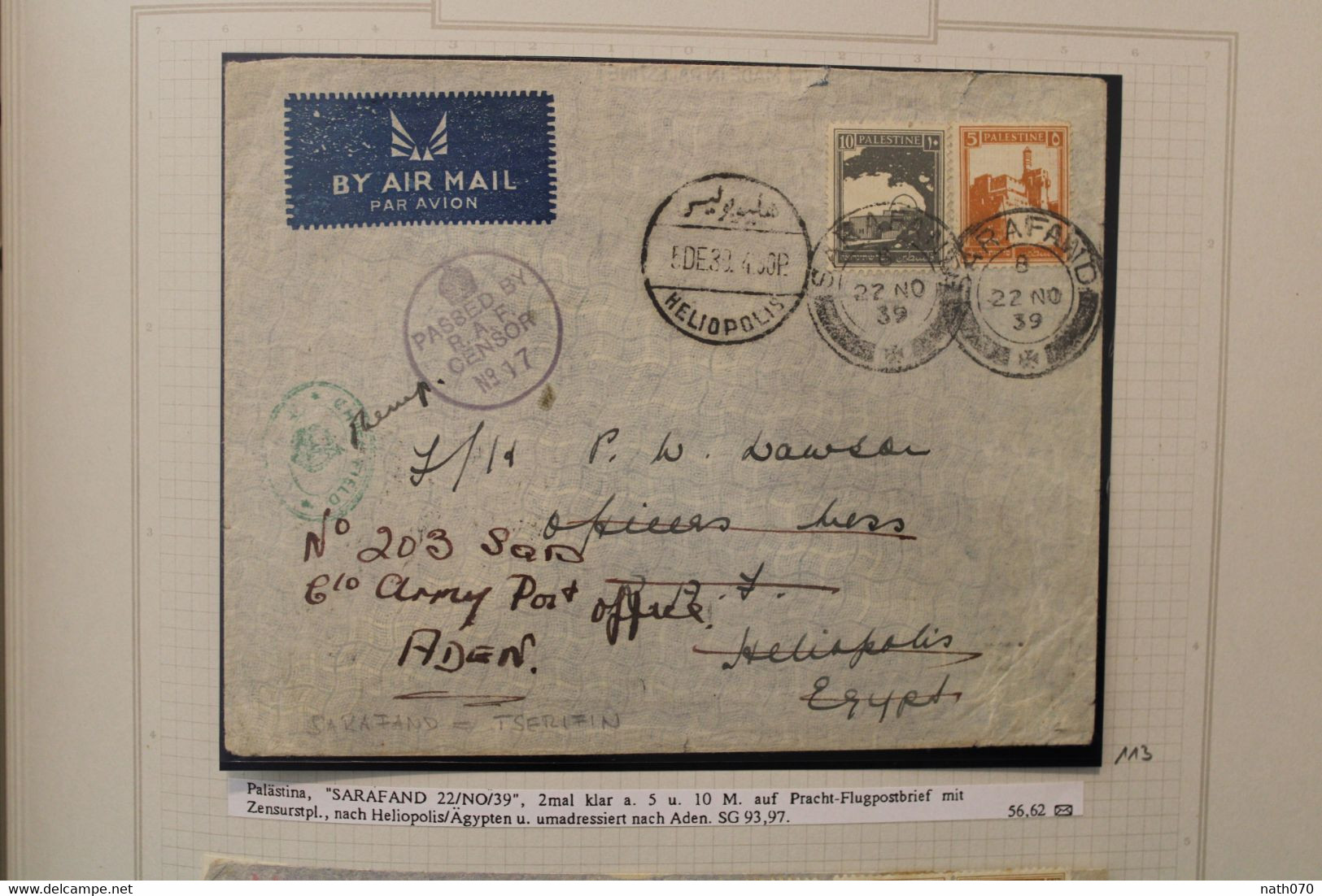 1939 Al Sarafand Aden Yemen LEVANT Heliopolis Egypt Censor Cover Palestine Palästina Israel Rare ! RRR - Palestina