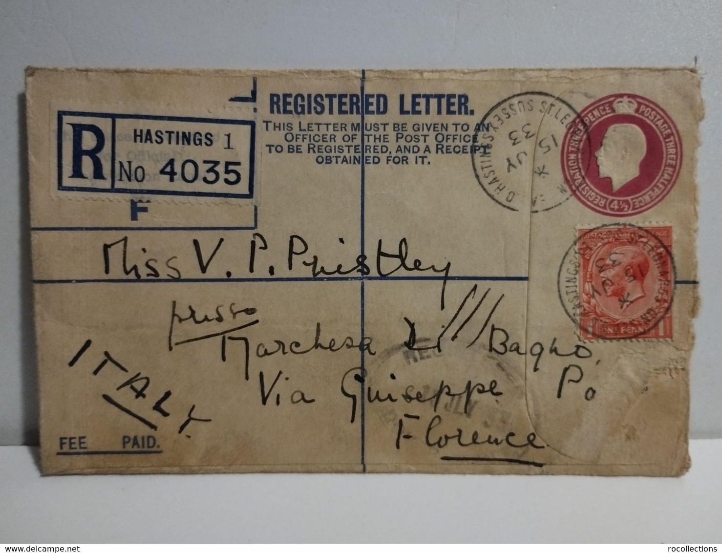 UK Cover From Hastings To Italy 1933. Registered Letter - Briefe U. Dokumente