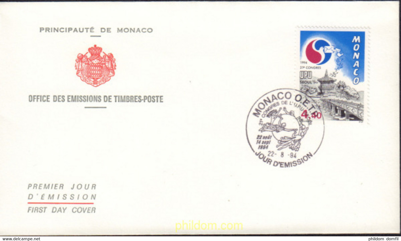 408988 MNH MONACO 1994 21 CONGRESO DE LA UPU EN SEUL - Autres & Non Classés