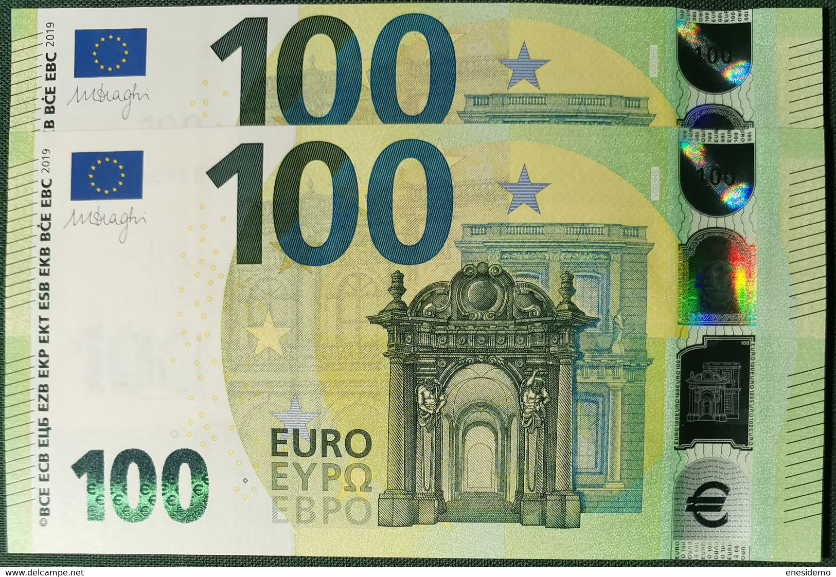 100 EURO SPAIN 2019  DRAGHI V003H5 VA CORRELATIVE COUPLE RADAR 2 SC UNC. LAST POSITION PERFECT - 100 Euro