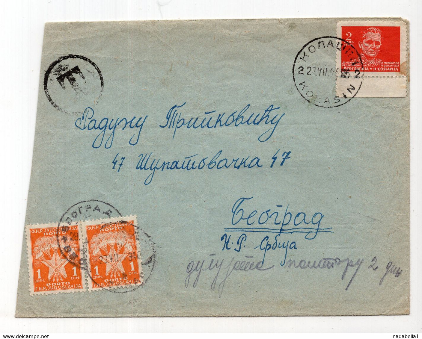 1949. YUGOSLAVIA,MONTENEGRO,KOLASIN,POSTAGE DUE 2 DIN. APPLIED IN BELGRADE,COVER - Impuestos
