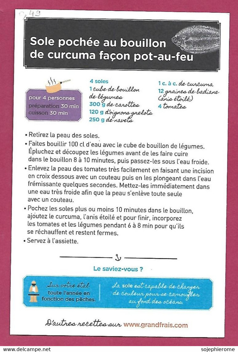 Carte Cartonnée Format CPM De Cuisine Sole Pochée Au Bouillon De Cucurma Façon Pot-au-feu Grand Frais 2scans - Küche & Rezepte