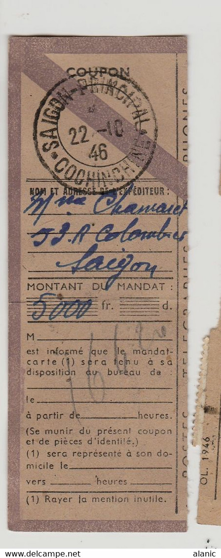 FRANCE - INDOCHINE - Coupon De Mandats Du 22/10/1946 - SAIGON PRINCIPAL N°168+ N°264 - Autres & Non Classés