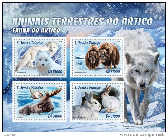 S. Tomè 2016, Artic Animals, Wolf, Rabbit, 4val In BF - Arctic Wildlife