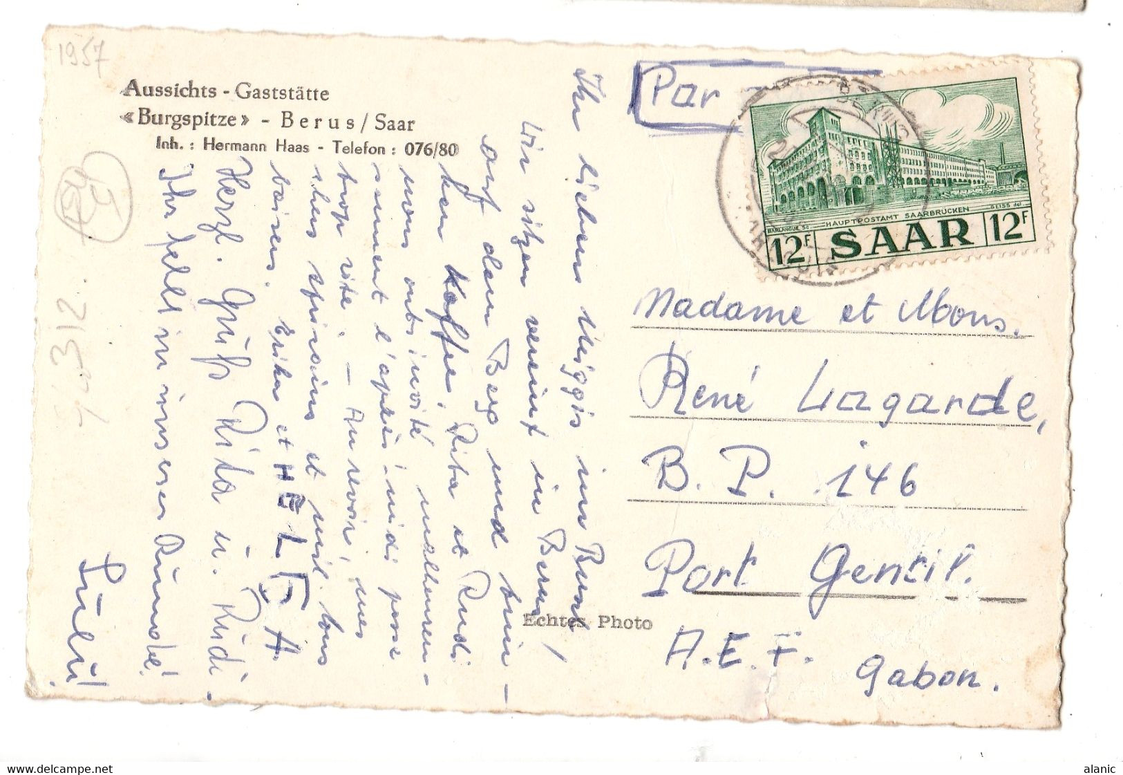 Sarre 12 F "Poste Centrale De Saarbrücken" (n°312) Sur Carte Postale "AUSSICHTS BERUS Pour L'A.E.F GABON - Brieven En Documenten