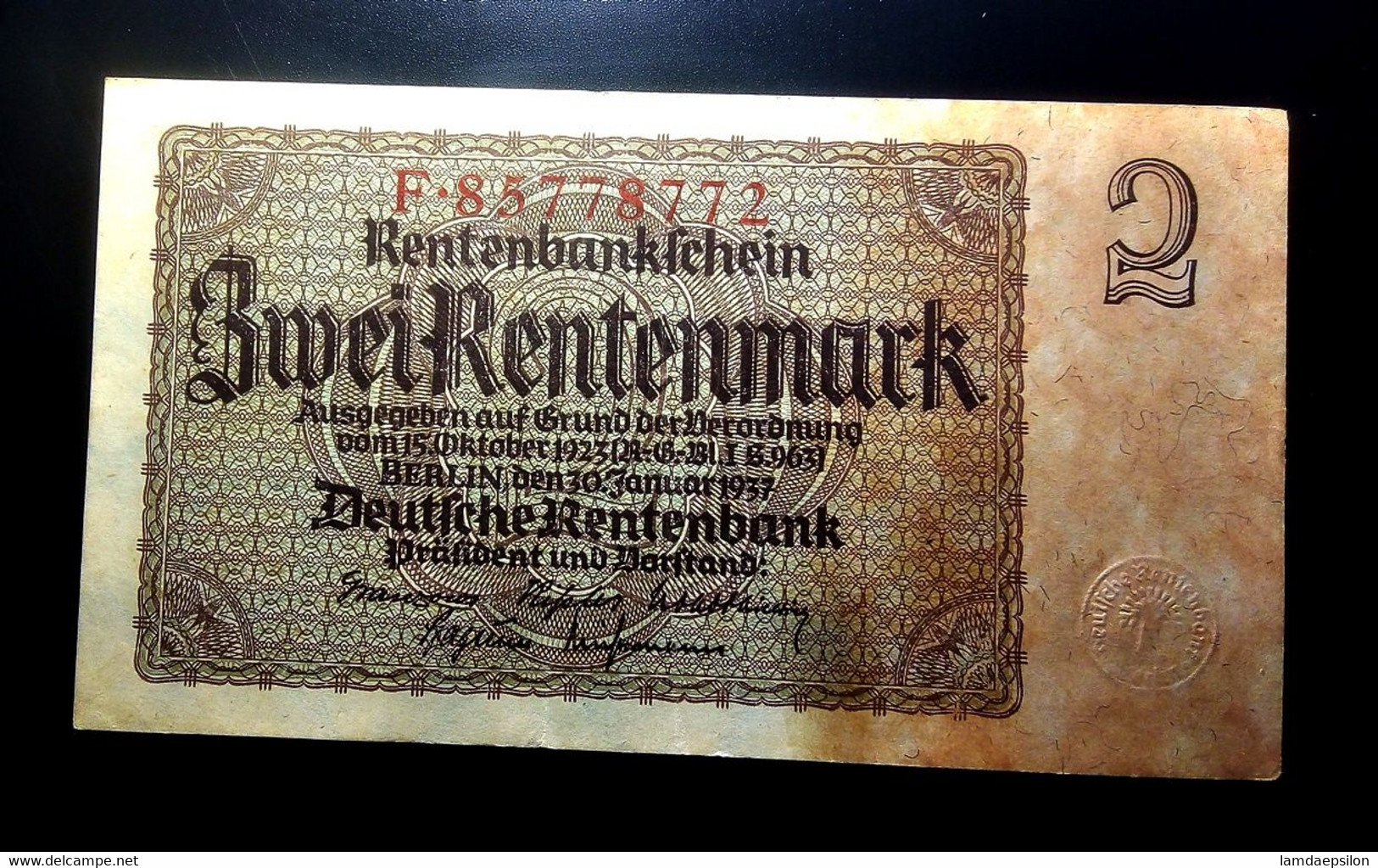 A7  ALLEMAGNE   BILLETS DU MONDE     GERMANY BANKNOTES  2  RENTENMARK  1937 - Sammlungen