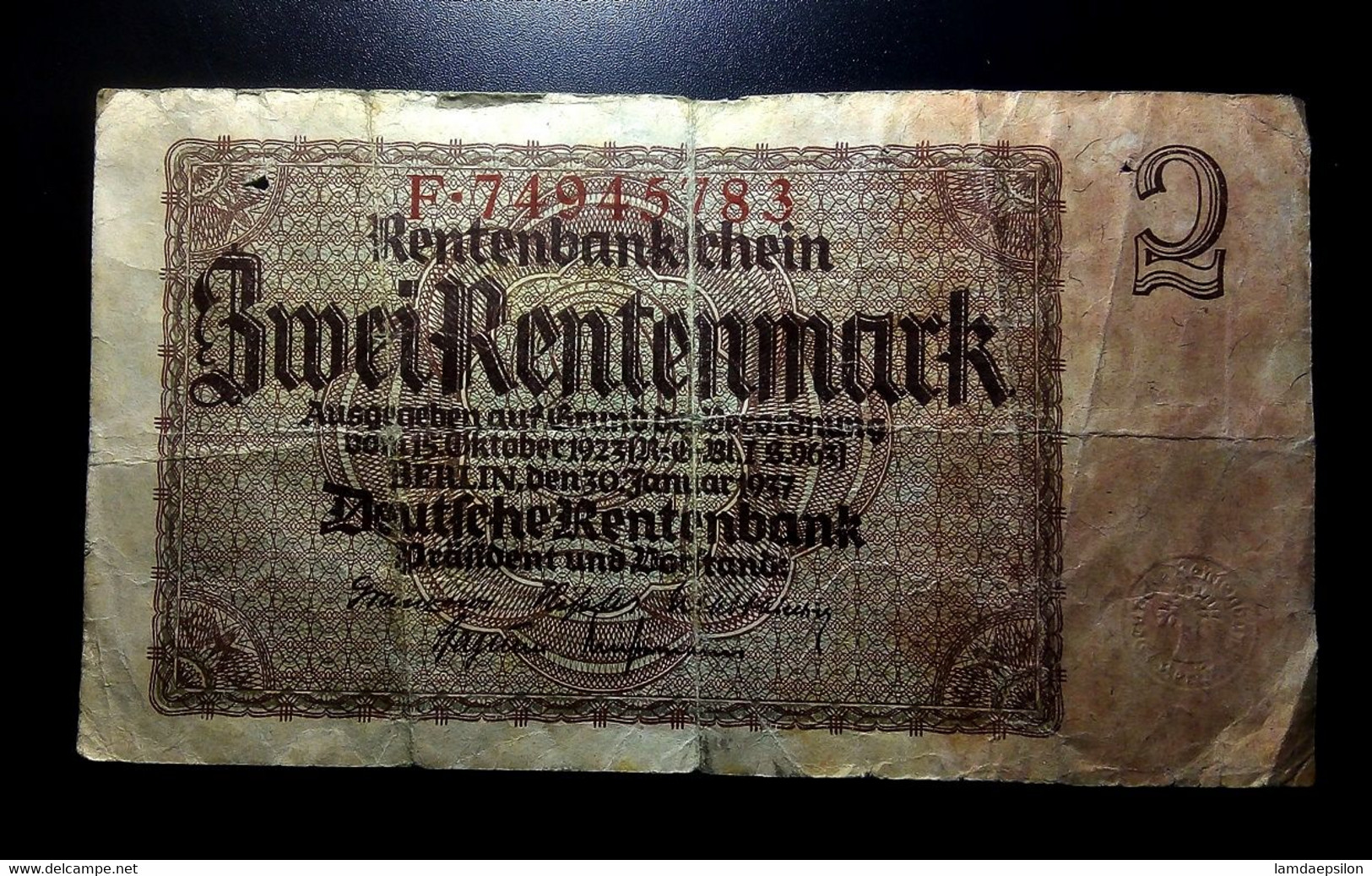 A7  ALLEMAGNE   BILLETS DU MONDE     GERMANY BANKNOTES  2  RENTENMARK  1937 - Sammlungen