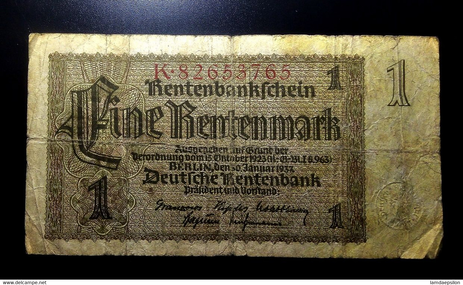 A7  ALLEMAGNE   BILLETS DU MONDE     GERMANY  BANKNOTES  1  RENTENMARK  1937 - Collections