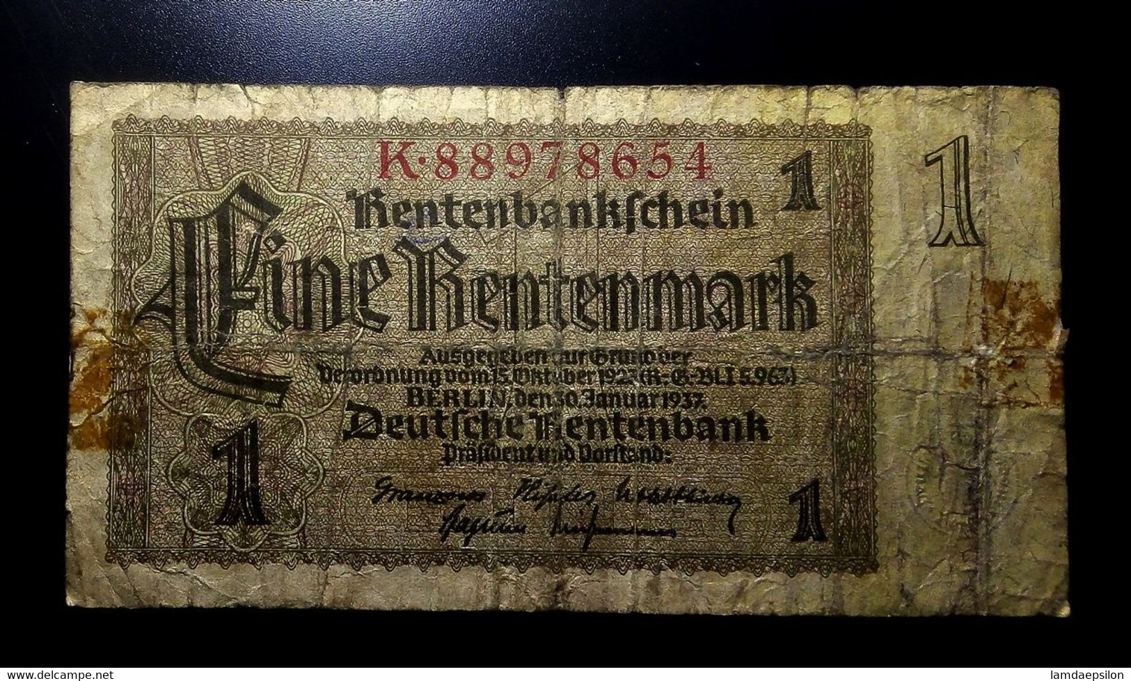 A7  ALLEMAGNE   BILLETS DU MONDE     GERMANY   BANKNOTES  1  RENTENMARK  1937 - Collections