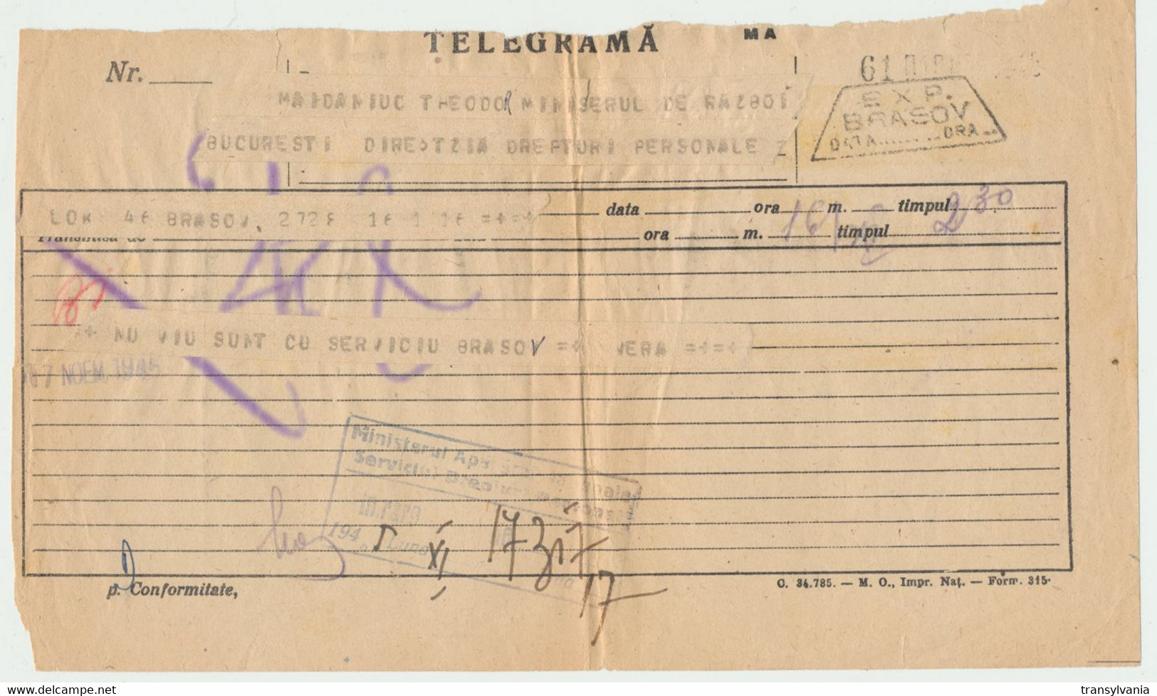 Romania 1945 Telegram Sent To An Employee Of The War Ministry With Arrival Official Cachet - 2. Weltkrieg (Briefe)